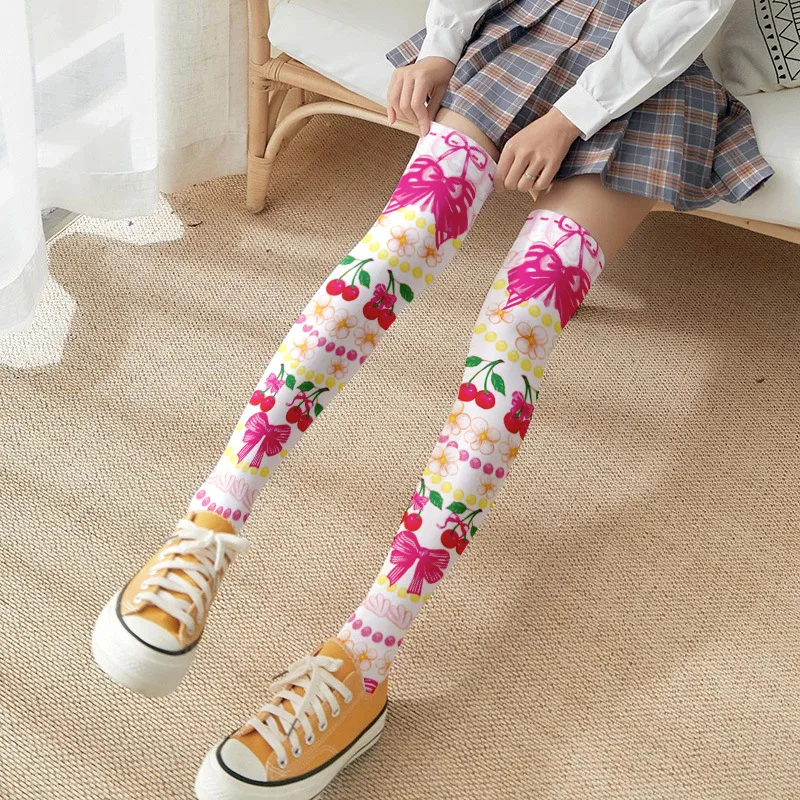 

Palace Style Printed Silk Stockings Thin Women's Spring and Autumn Japanese Lolita Cute Anime Knee Length White Velvet Socks