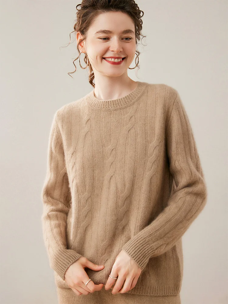 

New High Quality Women 100% Cashmere Sweater Autumn Winter O-Neck Loose Cable Knit Pullover Cashmere Knitwear Soft Casual Style