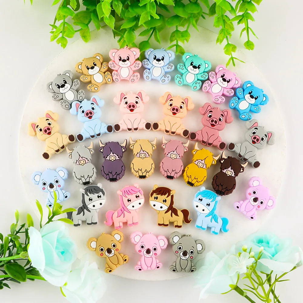 Kovict 50Pcs Baby Silicone Beads Mini Pig Yak Horse Koala Animal Food Grade Components For Jewelry Making Accessories