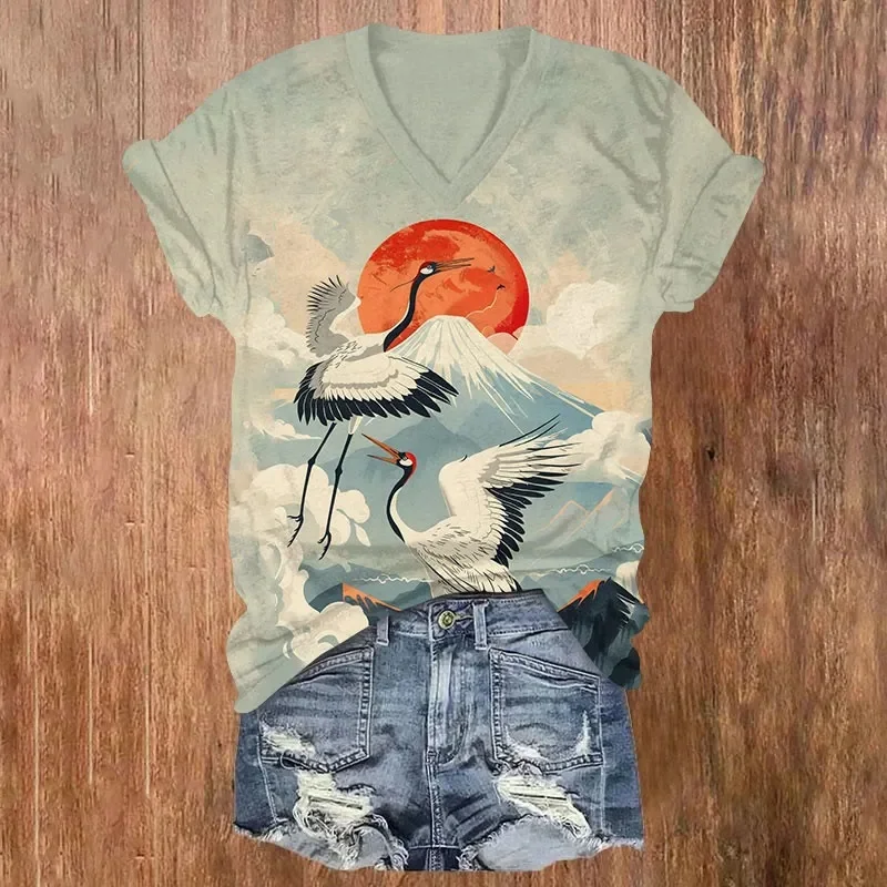 Japanese Art Rooster Print Short Sleeved V-neck T-shirt Summer Women's T Shirts view 6