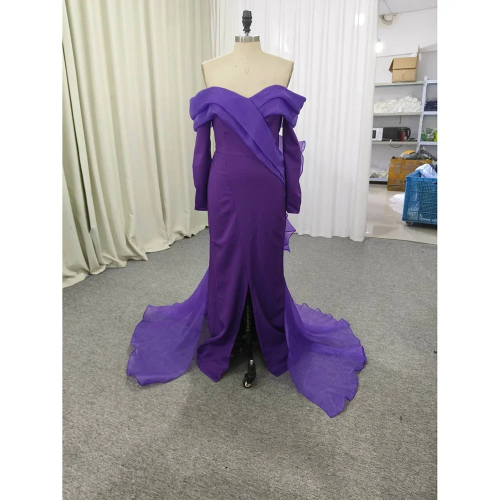 Customized Elegant Long Purple Off Shoulder Evening Dresses with Slit Mermaid Floor-Length Sweep Train Prom Dresses for Women