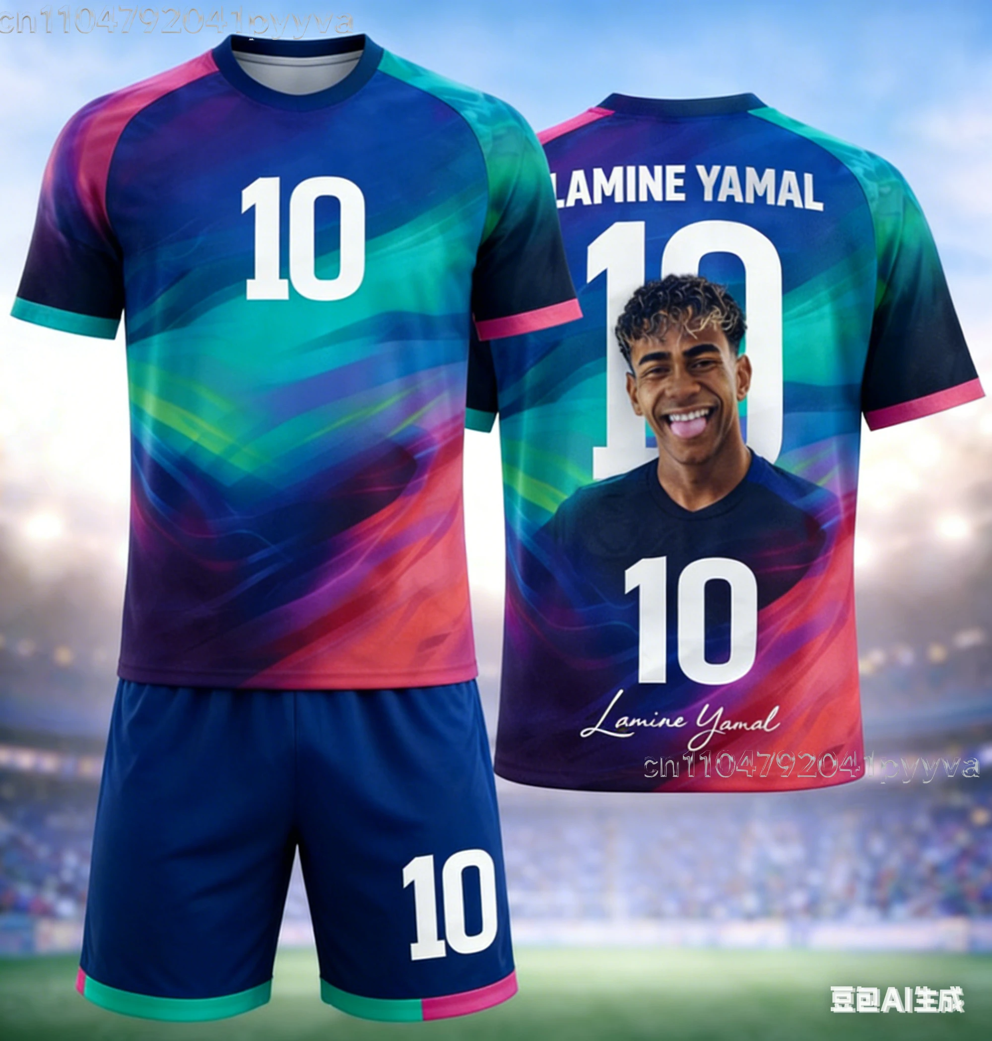 Sommerliche Neueste Farbverlauf-Kollektion #   Yamal Nr.10 #   Fußball-Set Fan-Gedenkset Kurzarm-Trikot und Shorts Eltern-Kind-Sport 3D-Set