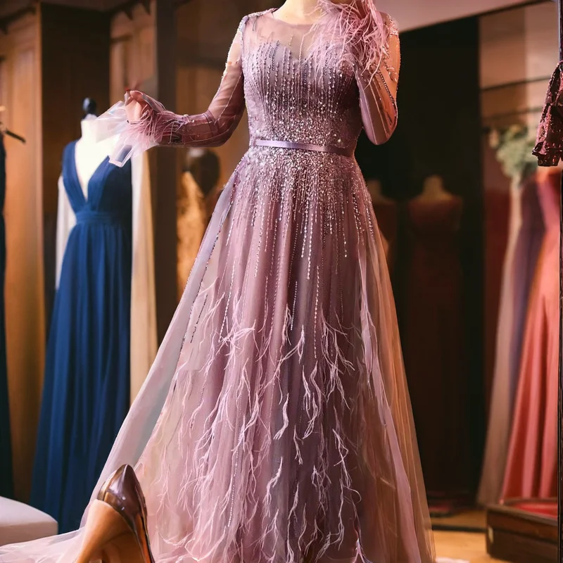 Luxury Feathers Beading Draped Evening Dresses Long Sleeve Floor Length O-Neck Floor Length Special Occasion Prom Dress 2024