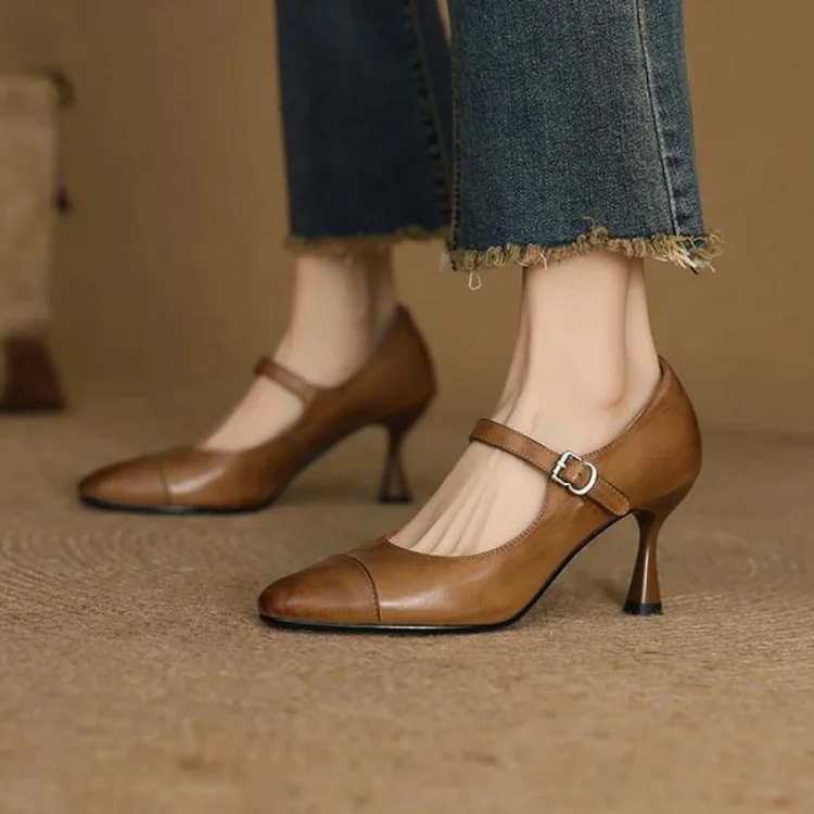 

2025 Spring New Women Pumps Shallow Brown Real Leather Thin High Heels Mary Jeans Single Formal Dress Prom Black Working Shoes
