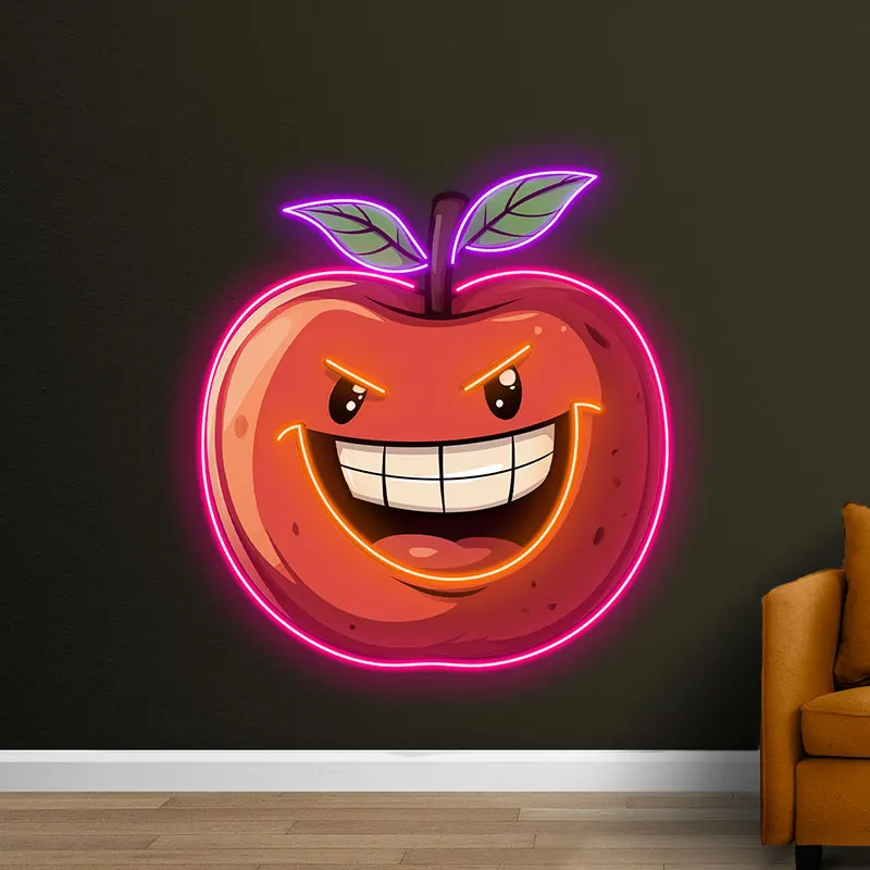 Laughing Apple Neon Sign, Creative Fruit Neon Wall Decor, Apple Art Neon Light, Kids Gift for Bedroom Decor, Dining Room Decor