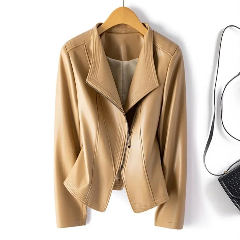 2025 بولي Leather جلد المرأة قصيرة ضئيلة جلدية ربيع الخريف سترة جلدية جديدة طويلة الأكمام دعوى طوق سستة معطف صغير #3