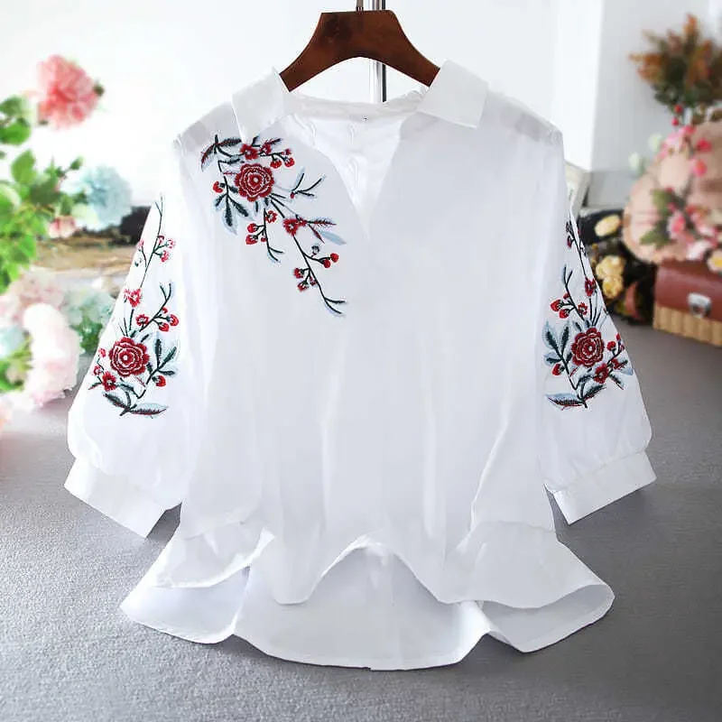 Blusa estilo retrô feminina, lapela bordada solta, meia manga, manga lanterna, top de cintura alta, verão