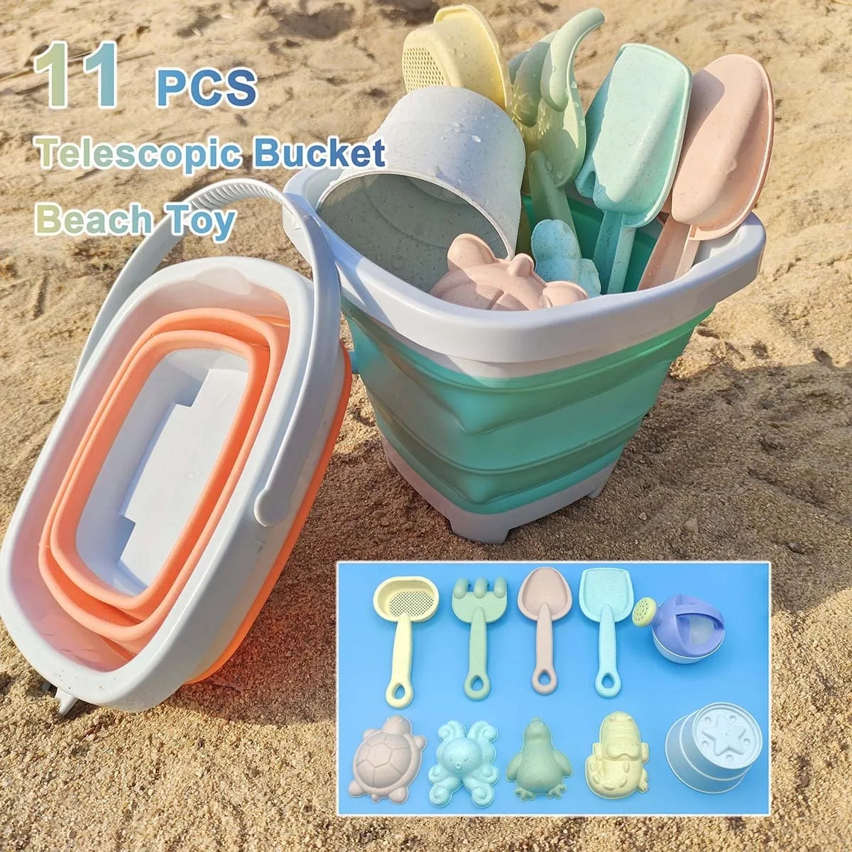 11 PCS Beach Sand Play Water Set Folding Bucket Summer Toys for Children Kids Outdoor Game Sandbox Accessories Color Random