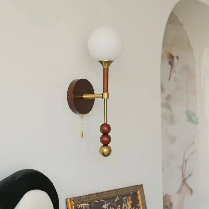 SANDYHA French Wall Lamp Wood Glass Bedside Lamp LED Background Light for Living Room Bedroom Dining Table Home Decor Lighting