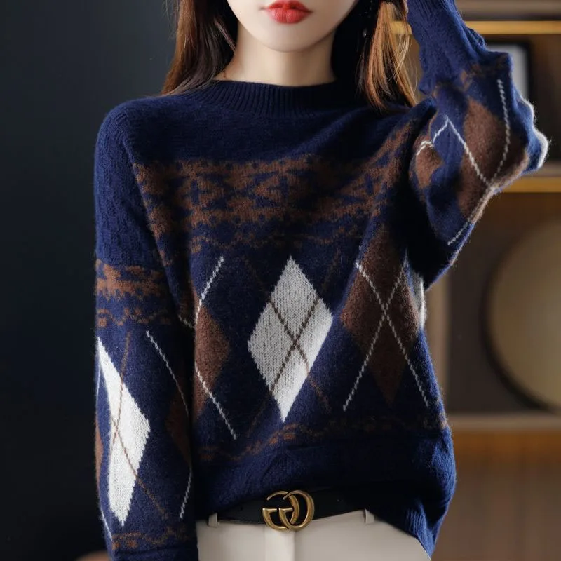 New Autumn and Winter Fashion Trend Retro Jacquard Half High Neck Loose Versatile Slim and Fashionable Women\'s Knitted Sweater