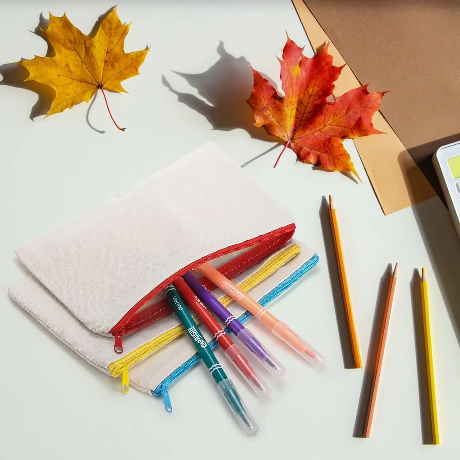 ブランクキャンバスジッパーポーチバッグ - 耐久性のある生地のマルチカラージッパー付きペンケース、学校、オフィス、旅行、クラフト用品用