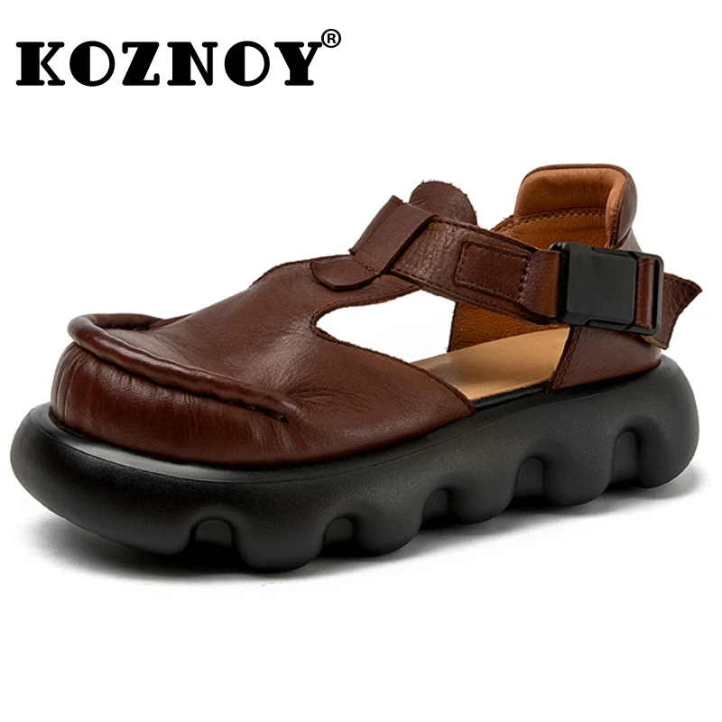 Koznoy 4.5cm etniczna prawdziwa skóra Mary Jane okrągła sandały letnie damska platforma klinowa klamra letnie modne buty botki