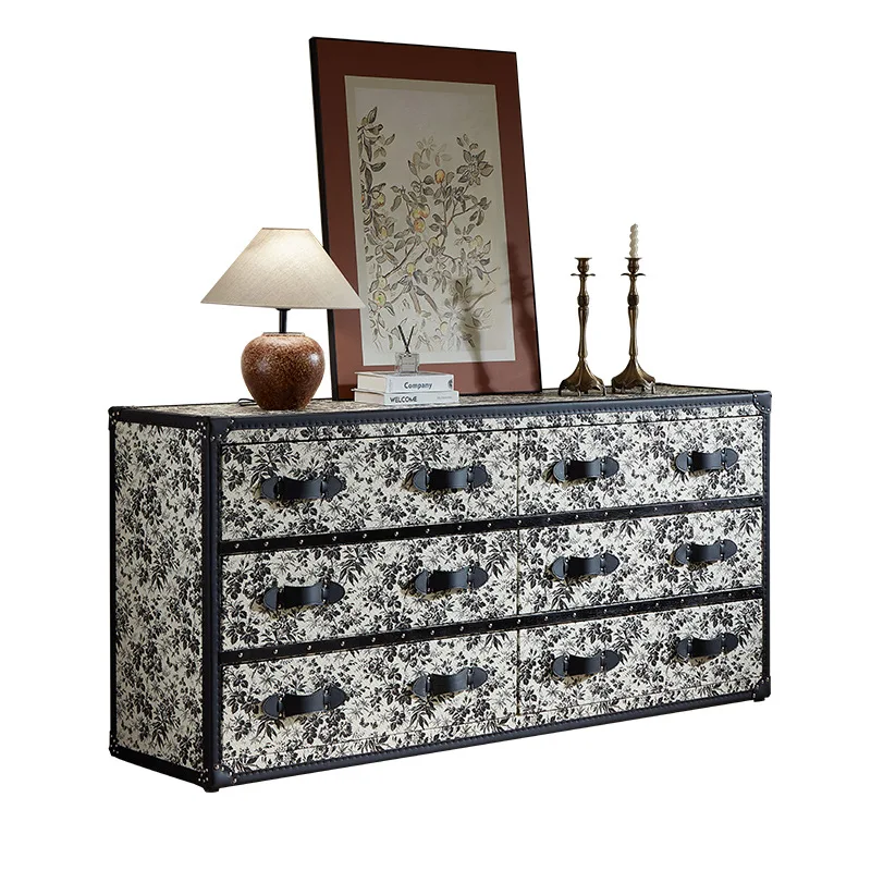 

K9029 black and white ink flower French style, minimalist storage six buckets storage side cabinet