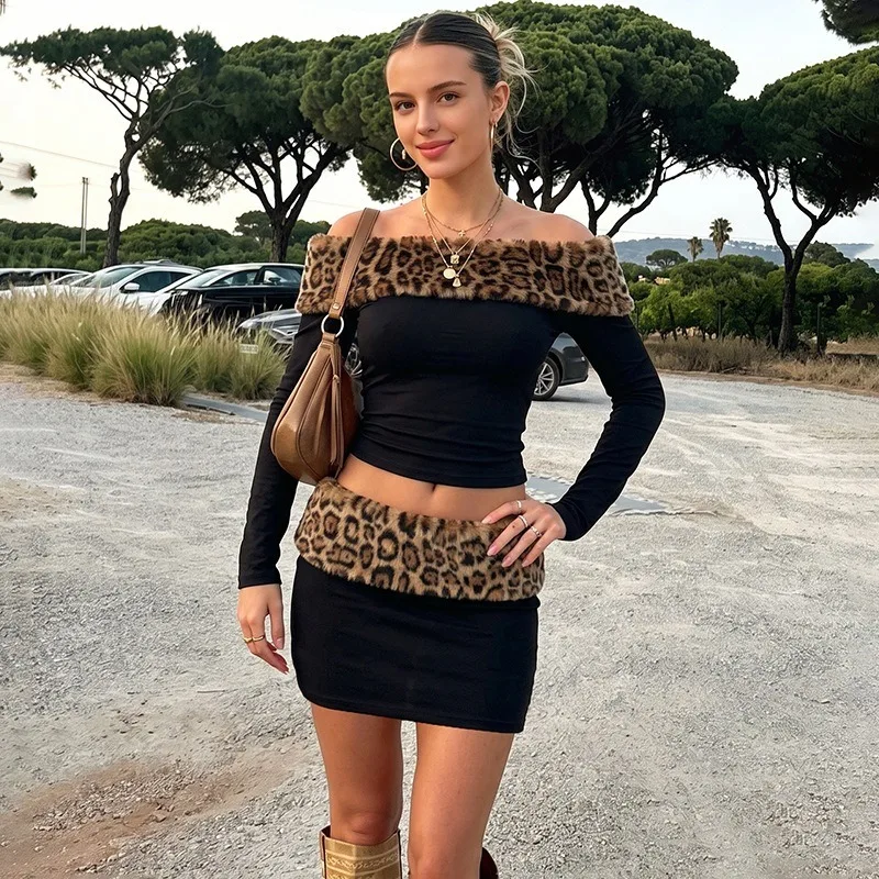 Tuularose Women's Skirt 2 Piece Set Vintage One Shoulder Leopard Print Pullover Sexy Skirt Set New Y2k Bodycon Female Dress Sets