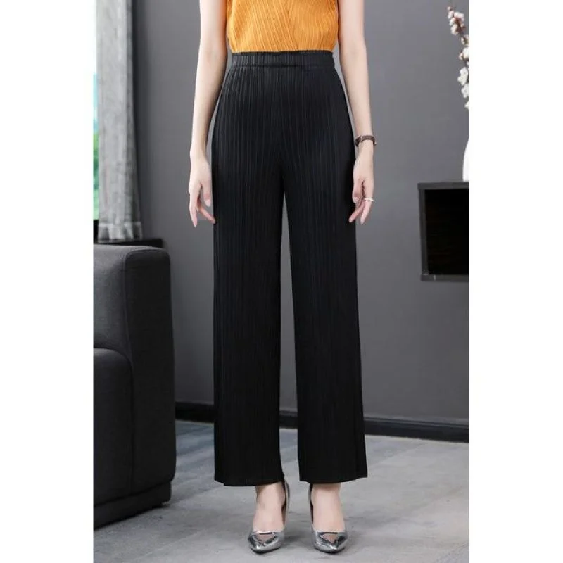 High Waist Wide Leg Ice Silk Casual Pleated Nine-Five Pants Loose Slim Elastic Waist Casual Wrinkle Three Ladies Pants