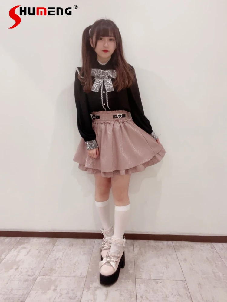 Sweet Kawaii Pink Mini Skirt Ladies 2023 Fall New Japanese Style Fashion Lolita Cute Solid Color Short Skirt Student Female