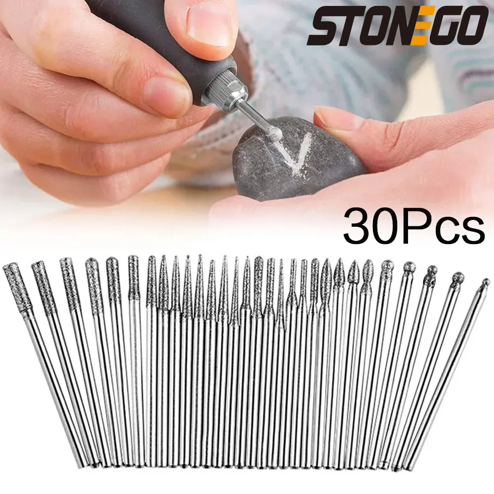 STONEGO 30Pcs Diamond Grinding Burr Needle Point Engraving Carving Polishing For Glass Jade Stone 2.35/3mm Drill Bit Rotary Tool