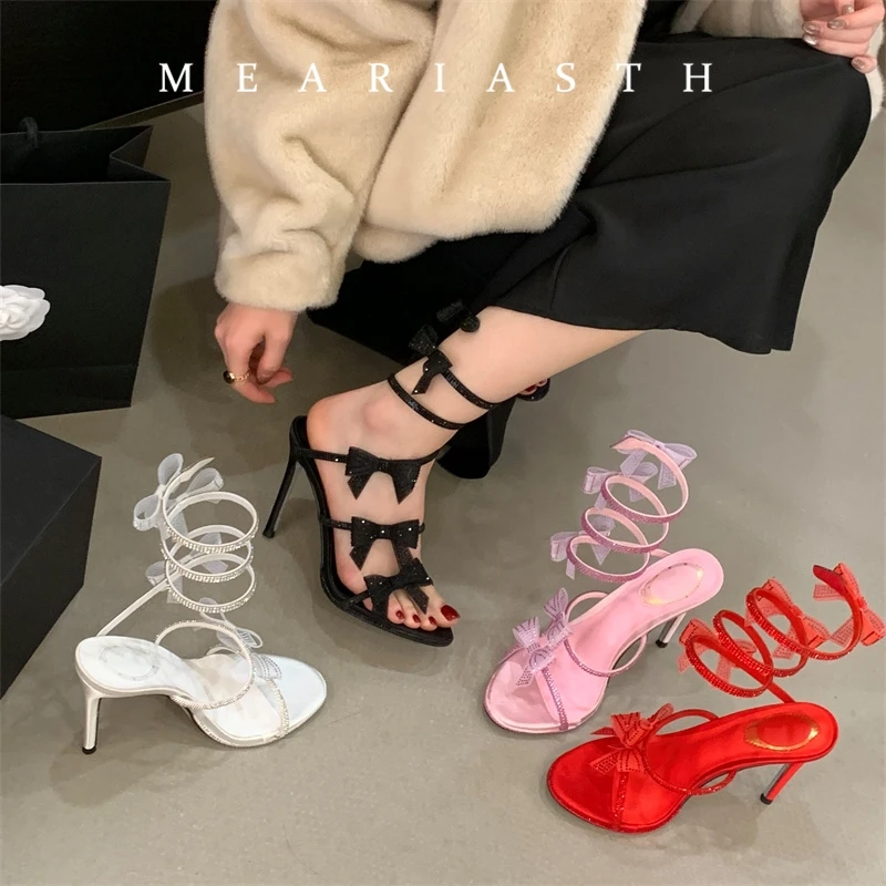 

Sexy CRYSTAL Bow High Heels Gladiator Sandals Woman Red Wedding Shoes Summer Ankle Strap Thin High Heels Open Toed Party Shoes