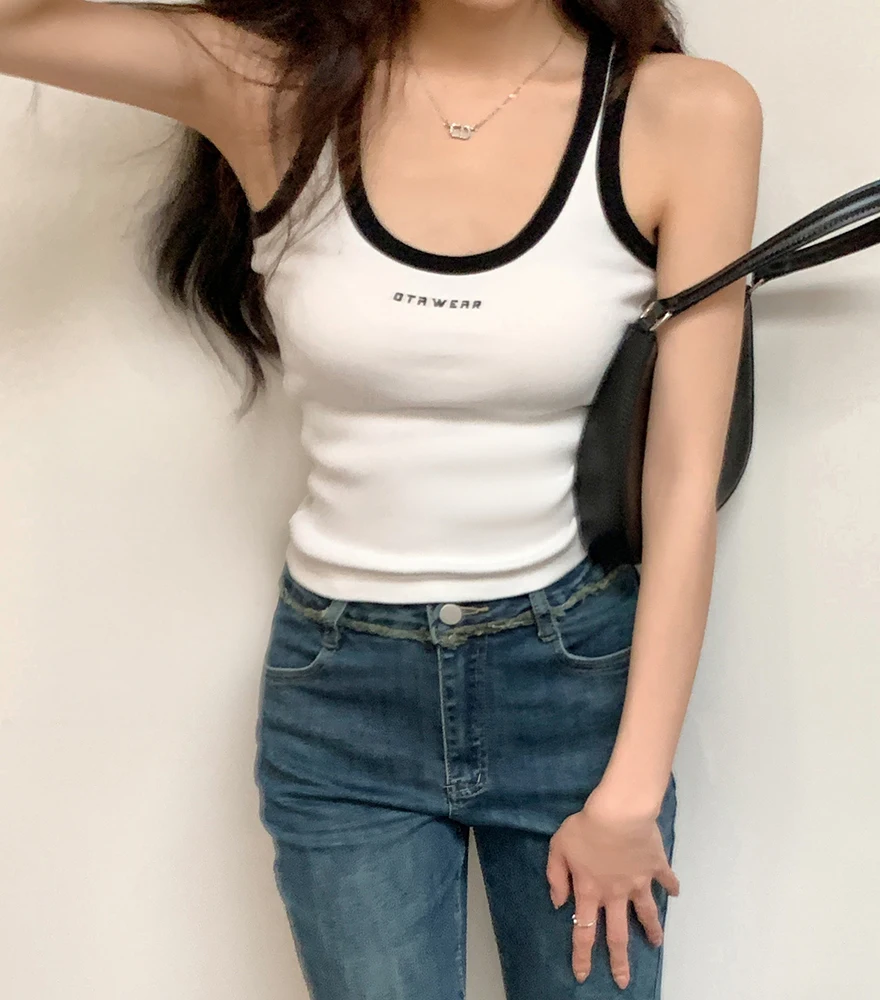 2024 summer new style white design letter backless sling non-shrinking and non-permeable tank U-neck vest