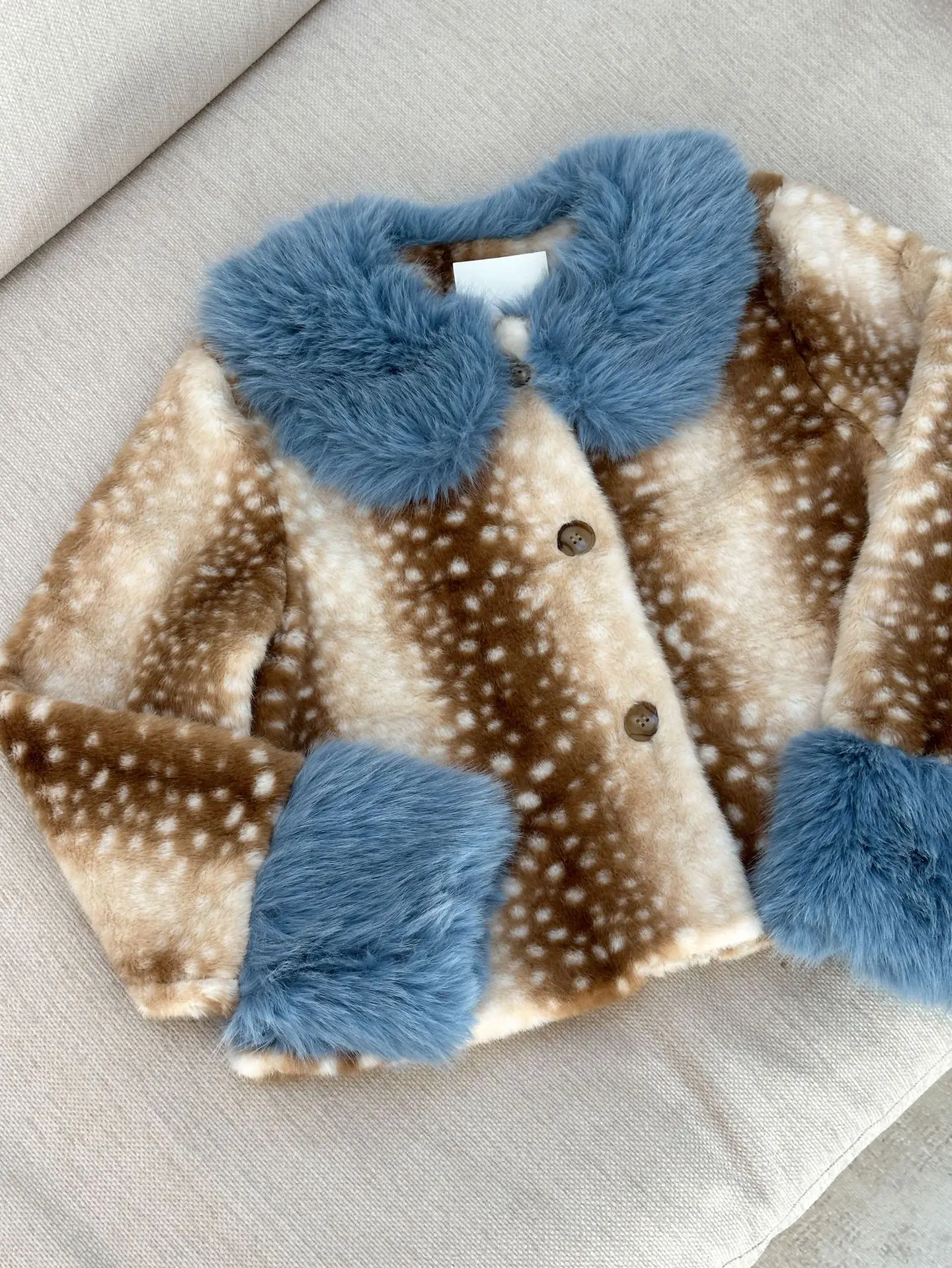 Winter Color Blocking Design Fake Fur Jacket American Fashion High Street Vintage Lapel Single Breasted Women Spotted Plush Coat