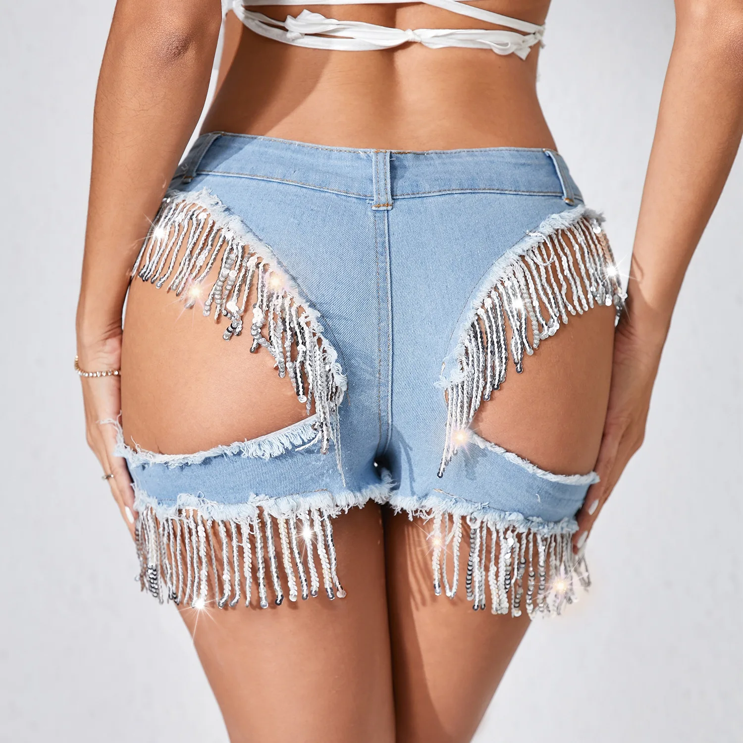 النساء شرابة الترتر عالية الخصر الدنيم السراويل بار ملهى ليلي مثير قطع Hotpants الإناث جينس قصير