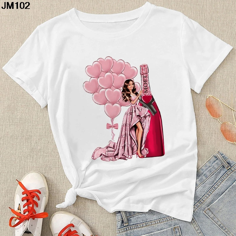 

Cozy White Tops Tees Beauty Champagne Wine Printed Casual Streetwear Tshirt Harajuku Women's Summer Short Sleeve Female T-shirt