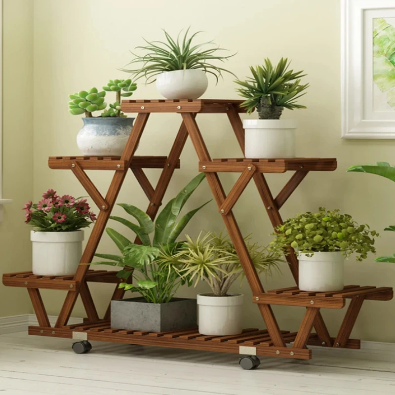 Triangular Plant Shelf 6-Potted Carbonized Wood Plant Holder Flower Pot Display Rack with Wheels for Garden Plant Shelf