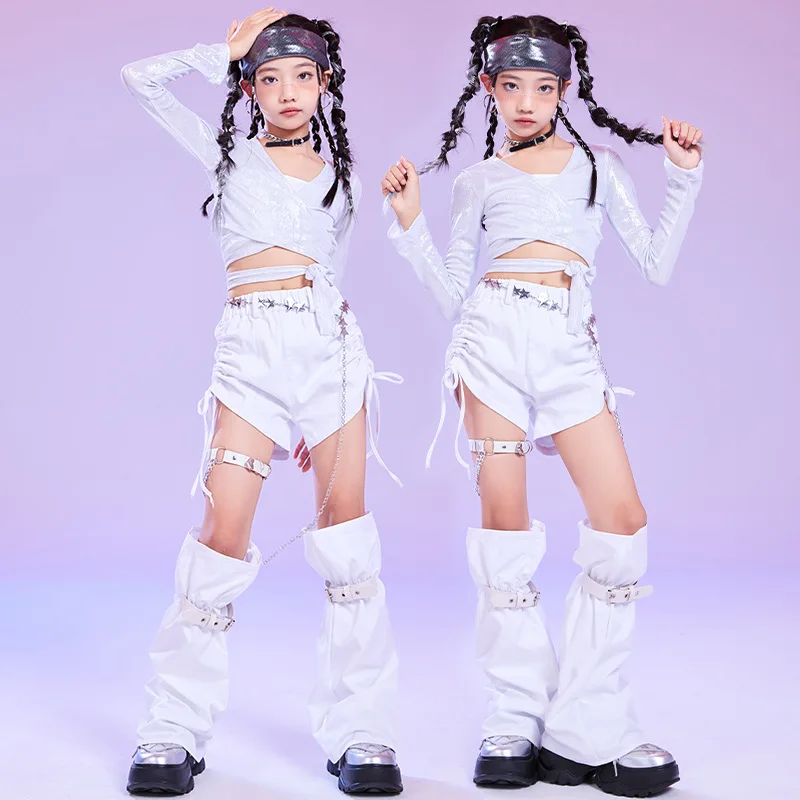 

Kid Hip Hop Clothing Silver White Wrap Lace up Long Sleeve Crop Top Ruched Drawstring Shorts for Girl Jazz Dance Costume Clothes