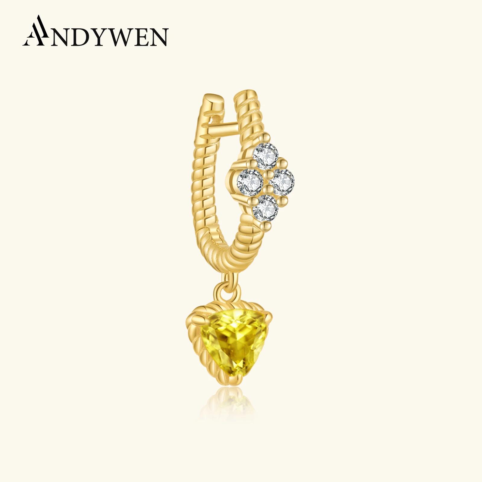 ANDYWEN 925 Sterling Silver Triangle Charm Lemon Zircon Piercing Drop Earring Women Luxury Romantic Fashion Party Jewelry Gift