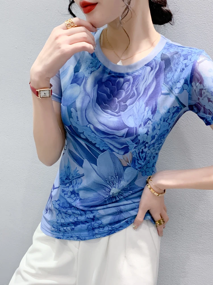 패셔너블 미 티셔츠 여성용 라운드넥 슬리밍 뷰티풀 프린트 탑 여름용 한국 스타일