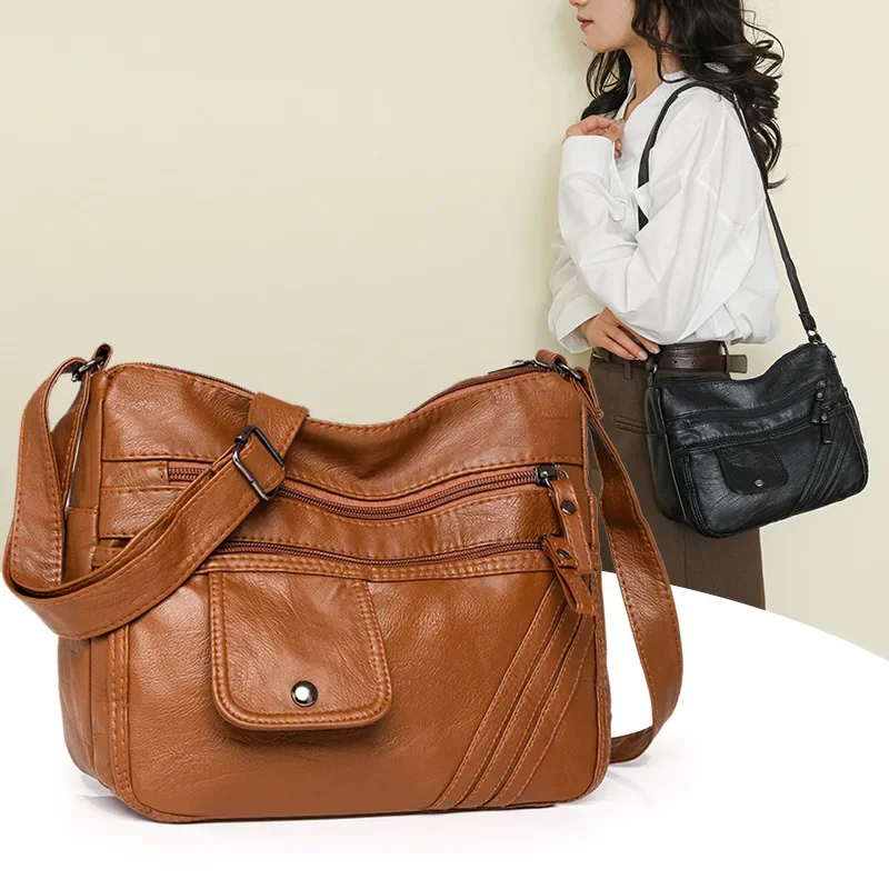 Washed Leather Women's Bag New Fashionable Versatile Soft Leather Messenger Bag Shoulder Large Capacity Bag