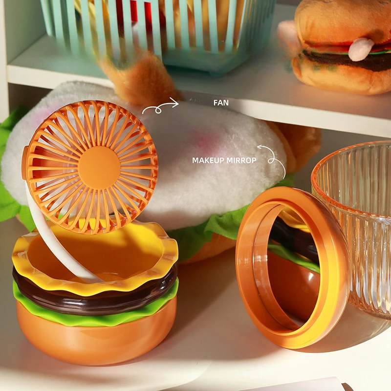 Burger Desktop Fan Creative New Product Cartoon USB Charging with Beauty Mirror Portable Handheld Small Fan Gift Summer