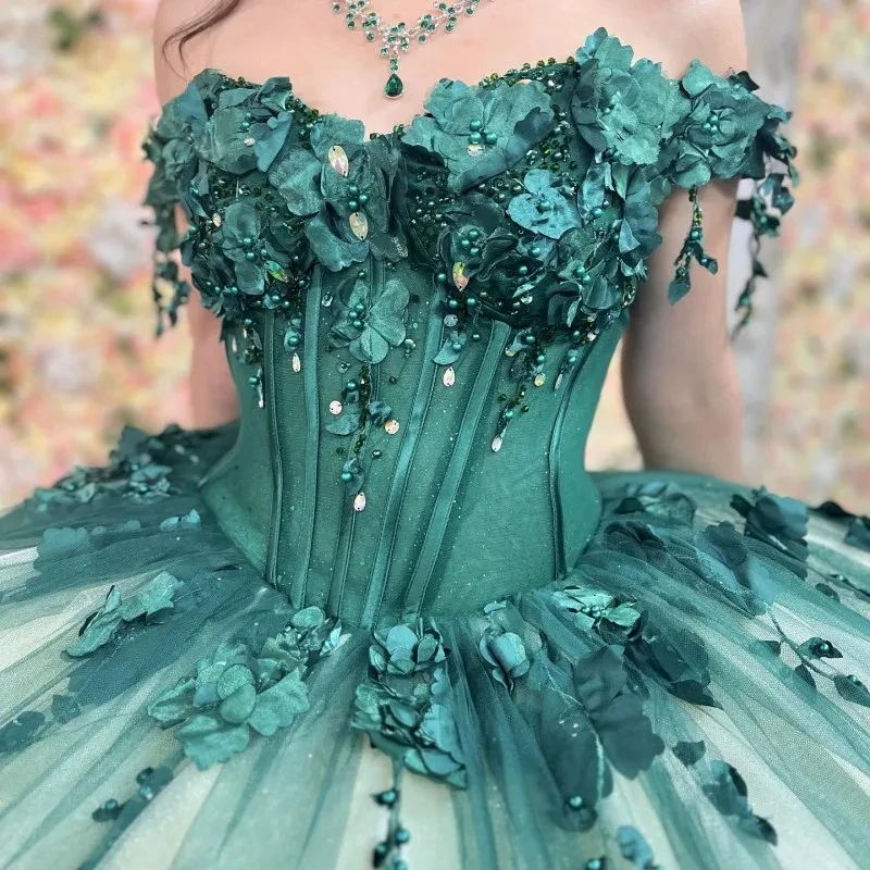 Teal Prinses Quinceanera Jurken Baljurk Van De Schouder Bloemenparels Sweet 16 Jurken 15 Años Custom