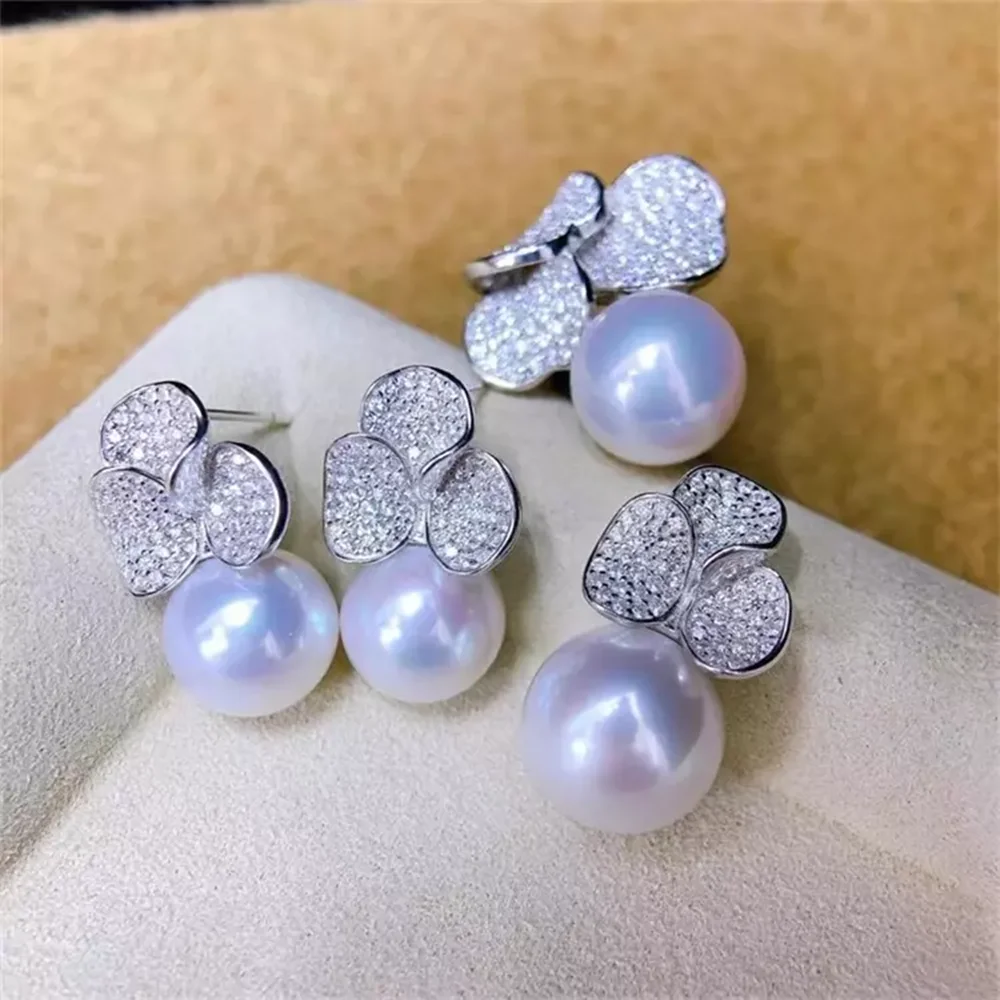 Gorgeous AAAA 10-11mm South Sea White Round Pearl Set 18 inch Pearl Pendant+Pearl Earrings+Adjustable Pearl Ring 925s