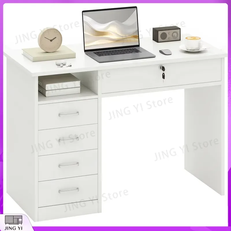 White Computer Desk with 5 Drawers Writing Desk for Home Office Study Room Workstation Adjustable Height Ergonomic Desk Lab