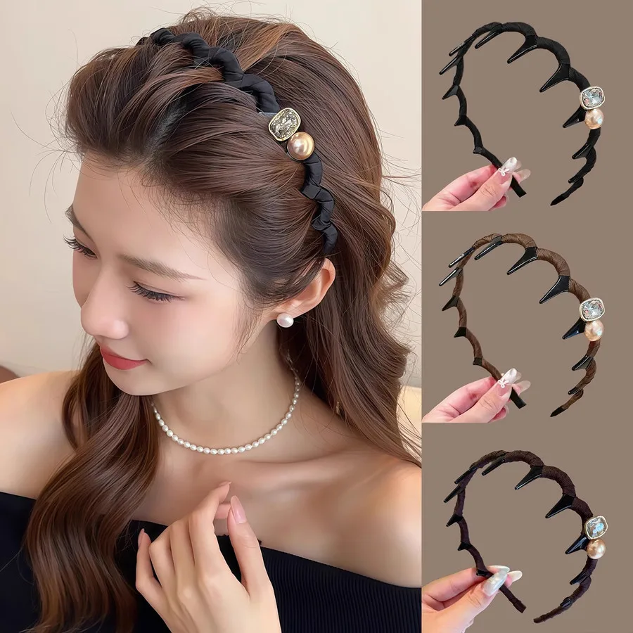 

1pc Women's Rhinestone High Cranial Headband with Teeth Anti-Slip Hair Clip - Sweet Style Square Top
