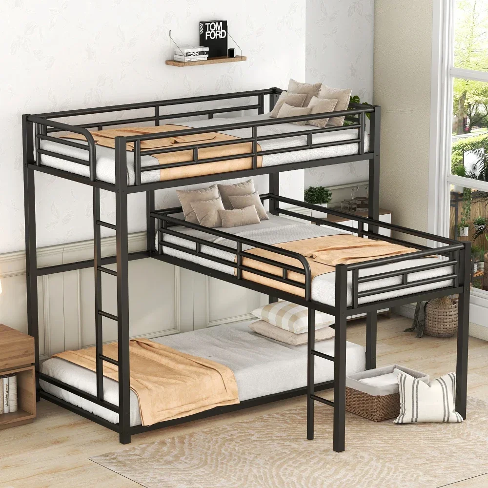 Children Beds L-shaped Metal Triple Twin Size Bunk Beds, Black Children Baby Furniture Bunk Bed Triple Bed Children's Beds US