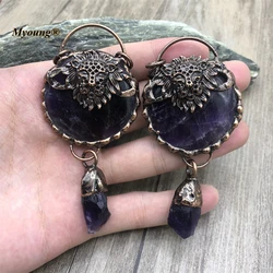 10PCS Hand Soldered Bronze Plated Leopard Head Large Natural Amethysts Crystal Vintage Necklace Pendant MY220714