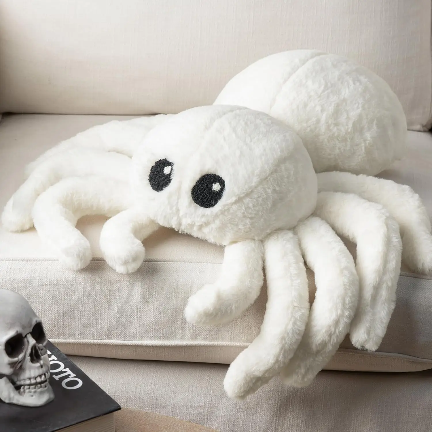 Happy Halloween Spider Shaped Throw Pillow, Faux Fur Fluffy Tarantula Shaped Halloween Cushion Pillow, White, 9 x 16 inch