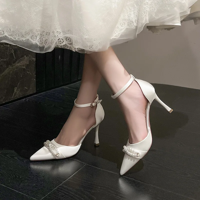 Size 31-43 White Wedding Shoes Female Bride Pearls High Heel Pregnant Women Engagement Hollow Pumps