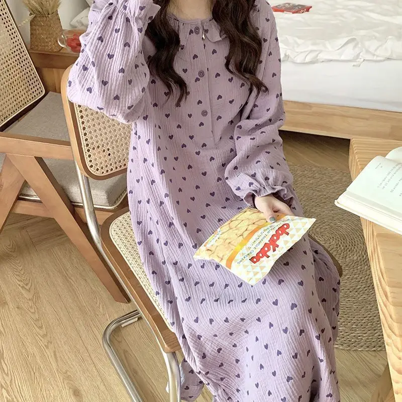 Spring New Ladies Pajamas Heart Printed Crepe Cotton Double-layer Gauze Ruffle Long-sleeve Home Dress Women Sweet Loungewear