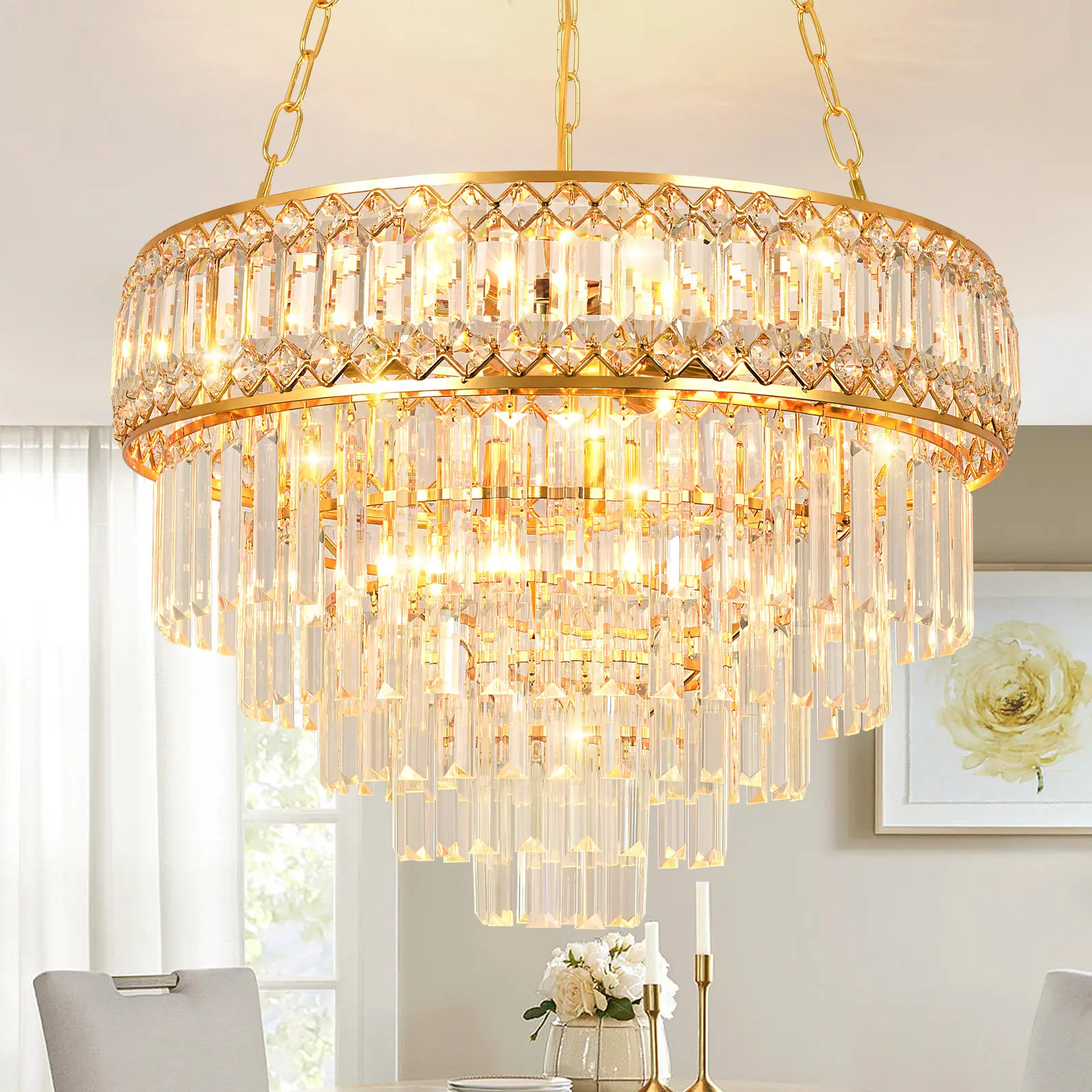 5-Tier Modern Crystal Chandelierfor Dining Room Bedroom Living Room Foyer Farmhouse,E12*11 Lights,21.6*15.7inch