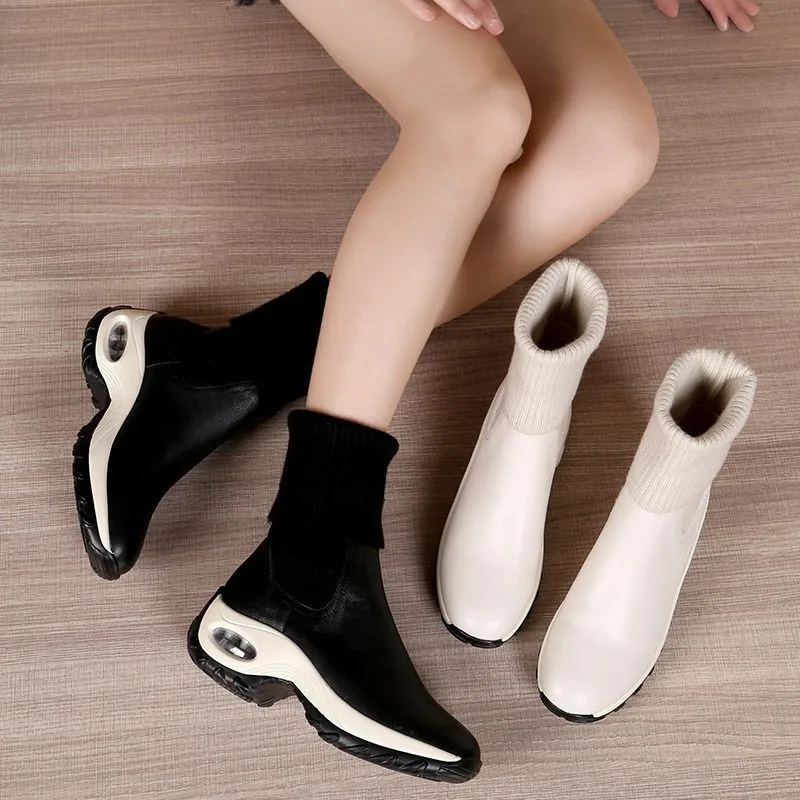 2023 Hot Sales Autumn and Winter New Cashmere Thickened Warm Patent Leather Mid-heel Wedges Women's Short Boots Fashion Boots