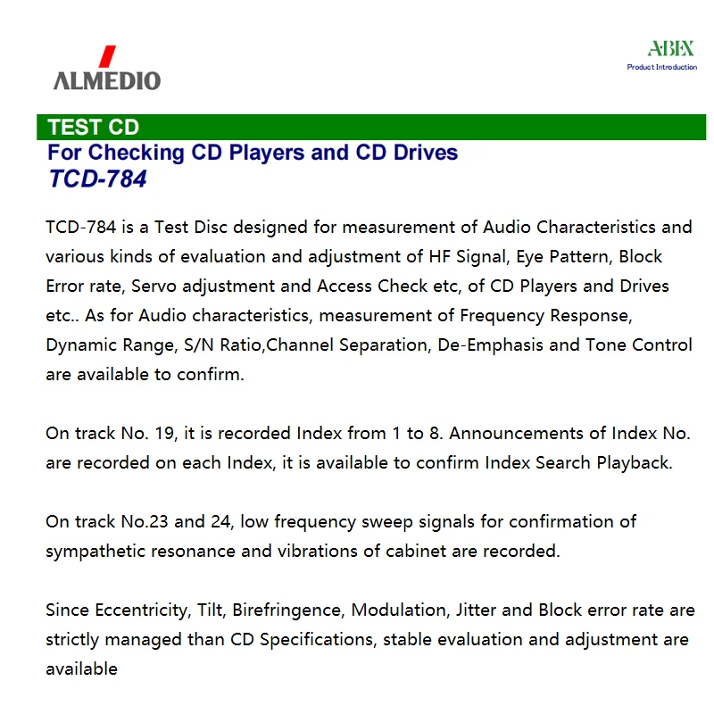 TEST CD TCD-784 For Checking CD Players and CD Drives･ CD-DA  71min. 42sec.Complies with Compact Disc Digital Audio System.