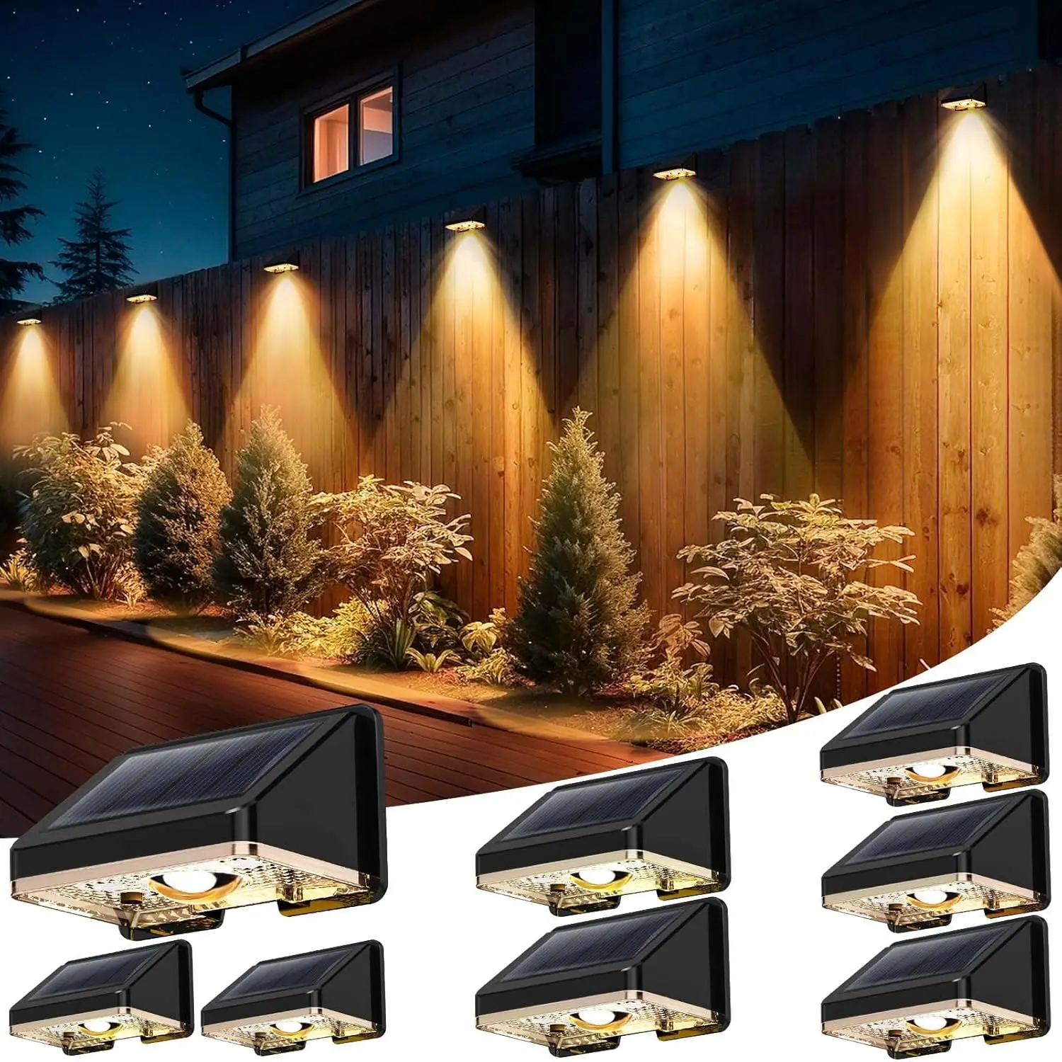 

Solar Fence Lights Outdoor 8-Pack, IP67 Waterproof, Dusk to Dawn Auto-On, Easy Install, Warm White for Deck, Patio, Yard