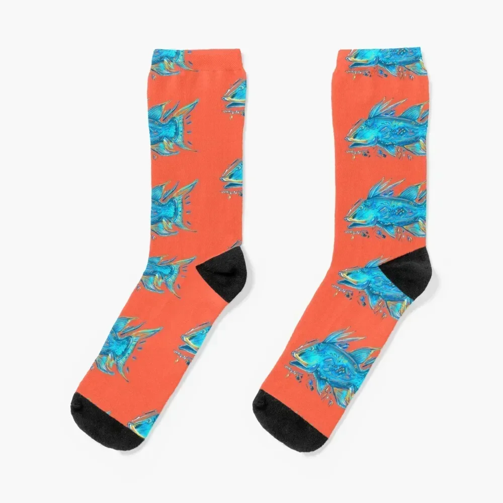 Copy of Orange Background Blue Hogfish Socks custom sports compression hiphop Women Socks Men's