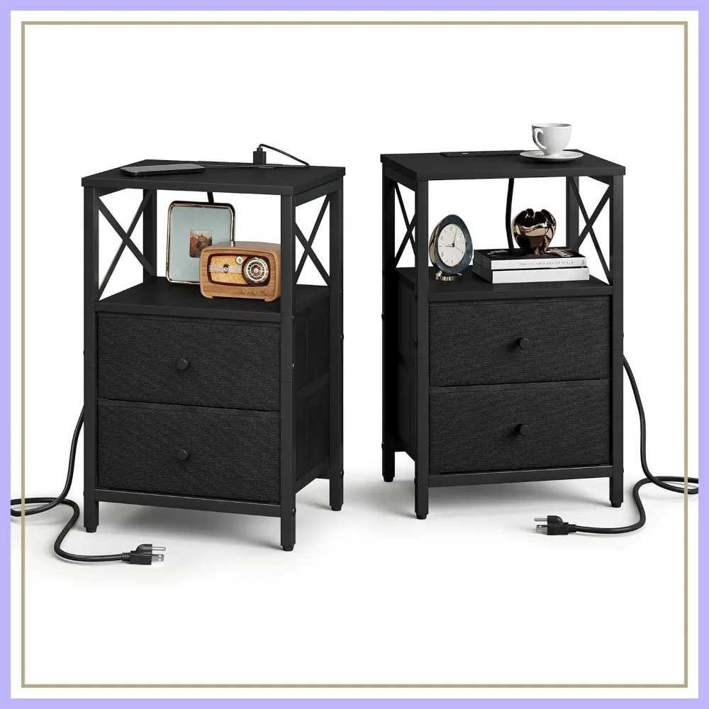 

Nightstands Set of 2 with Charging Station, Small Bedside Table with USB Ports, Fabric Drawers, for Bedroom Living Room