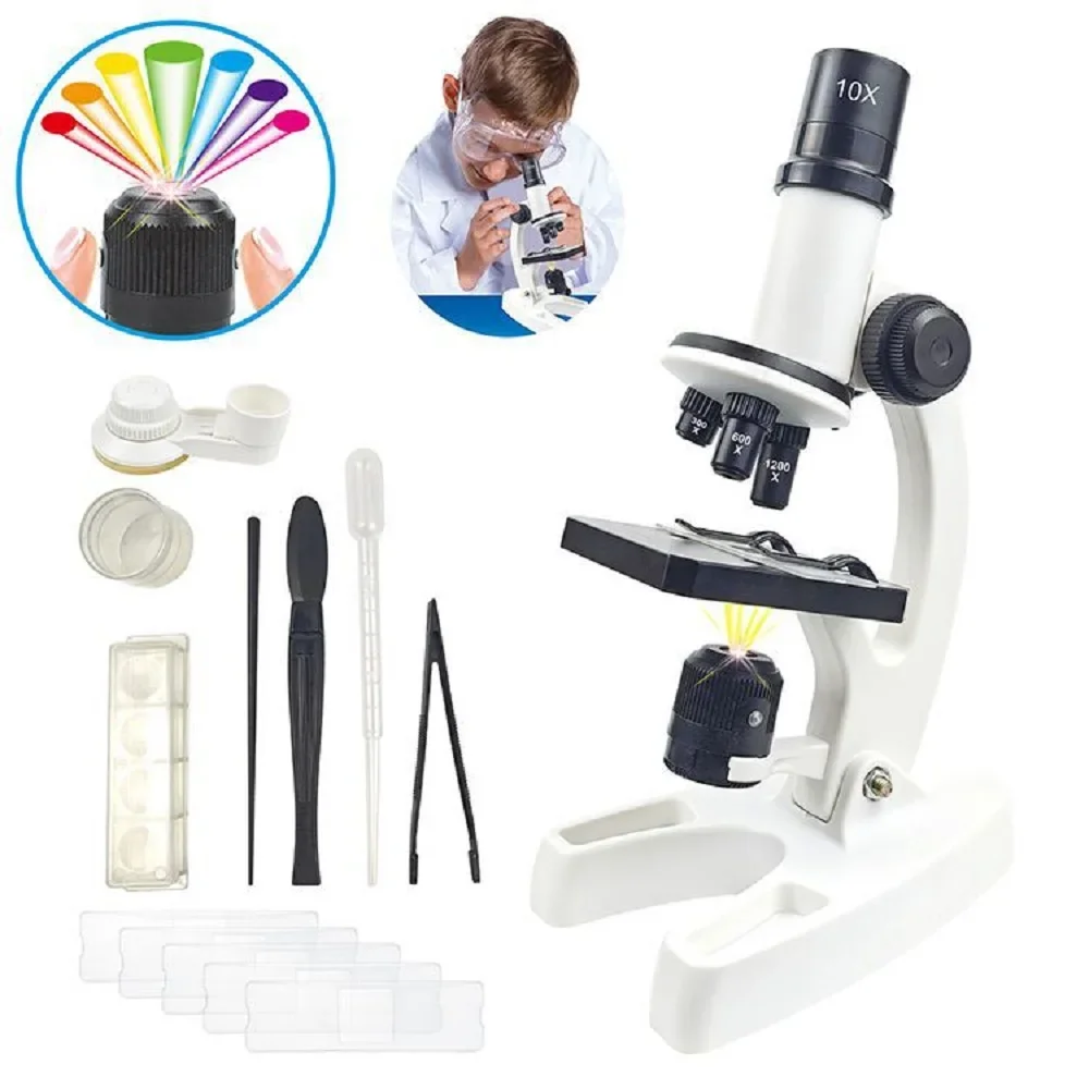 Kit de microscópio infantil led300x600x1200x, casa, escola, ciências, educação, brinquedo, presentes, exploração de biologia ao ar livre para meninos e meninas