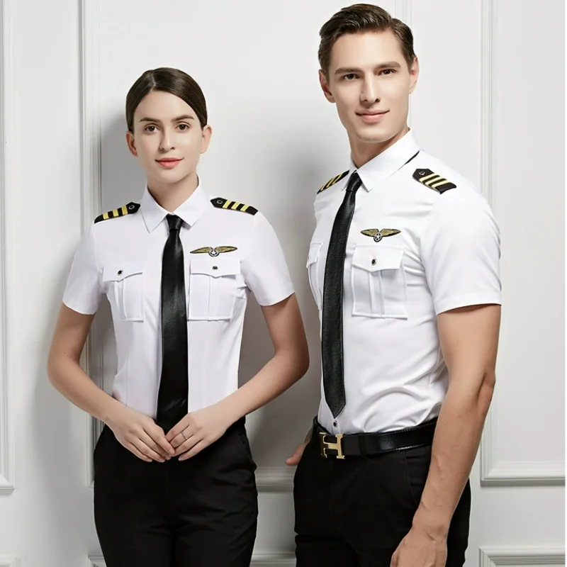 Recién llegado, uniforme de capitán de avión, traje de vuelo de la Fuerza Piloto de aire, vestido de cosplay de Halloween KTV, vestido camisero de verano para hombre y mujer