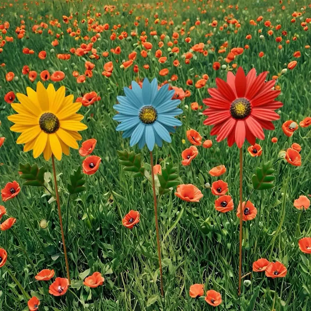 Metal Flower Stakes Decorative Iron Sunflower Garden Stake Colorful Outdoor Metal Yard Art Patio Lawn Pathway Flower Bed Accent